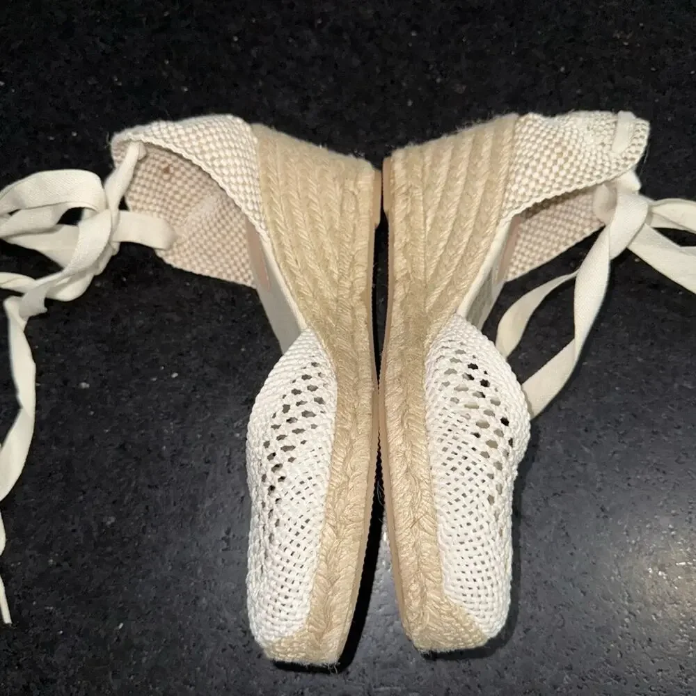 NEW J.Crew Made-in-Spain Lace-up Espadrilles Crochet Cream Wedges SZ 9 PERFECT